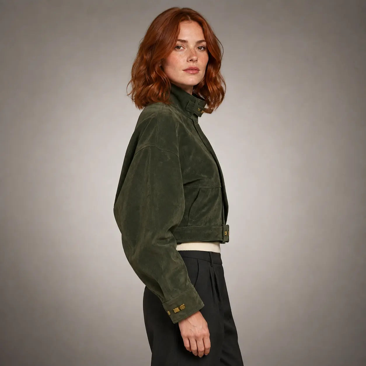 The Arden Asymmetric Suede Jacket in Forest Green — side