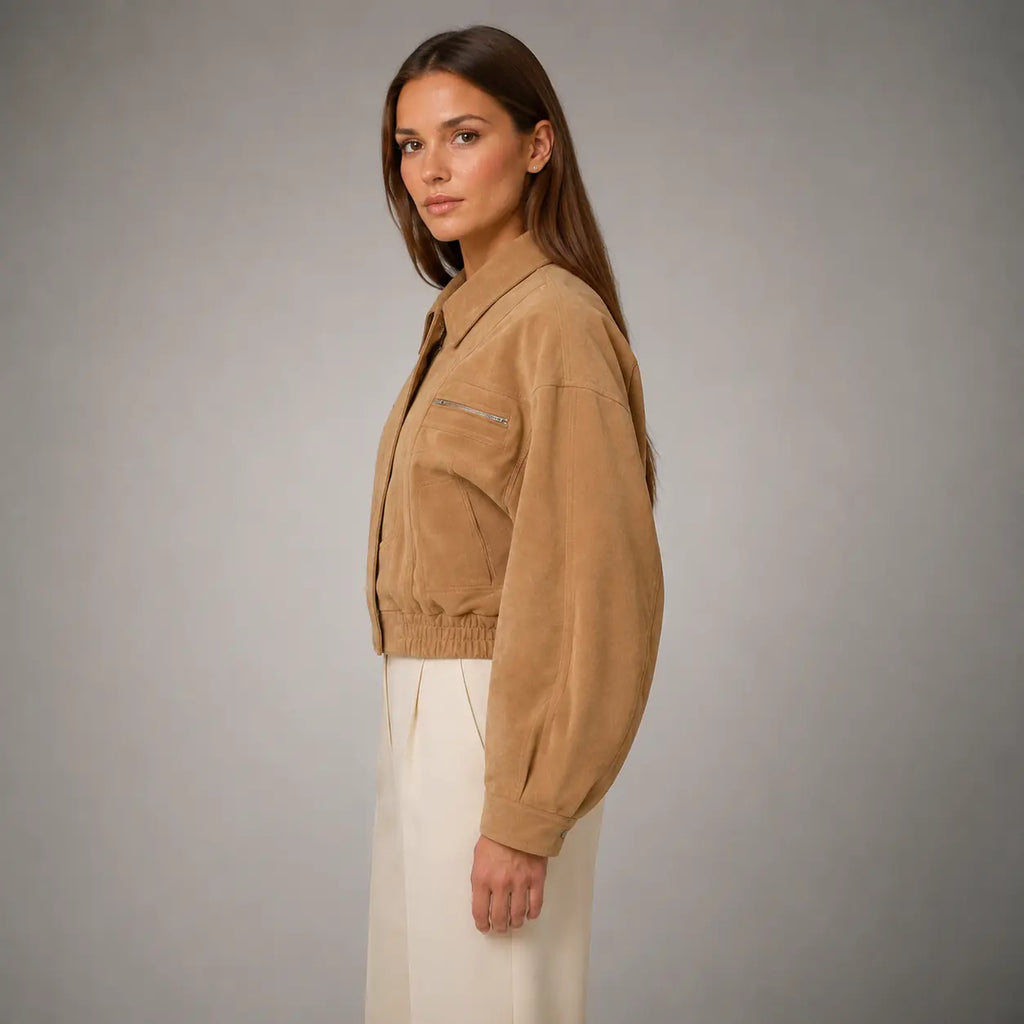 The Elara Cropped Suede Jacket in Camel — side