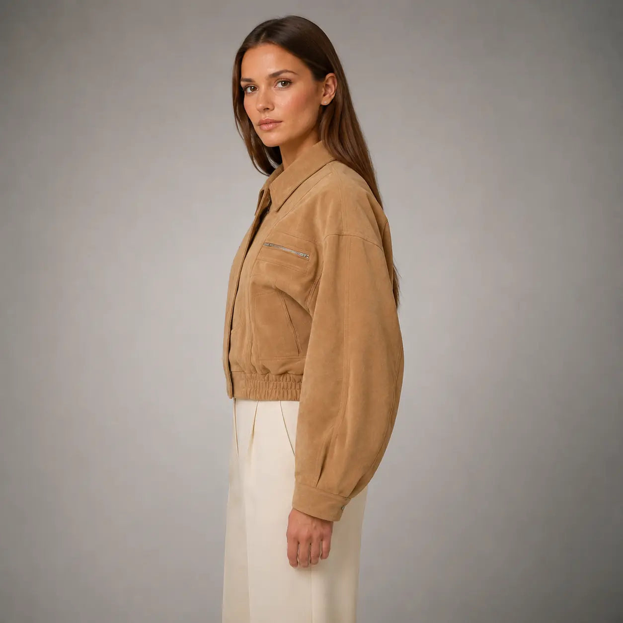 The Elara Cropped Suede Jacket in Camel — side