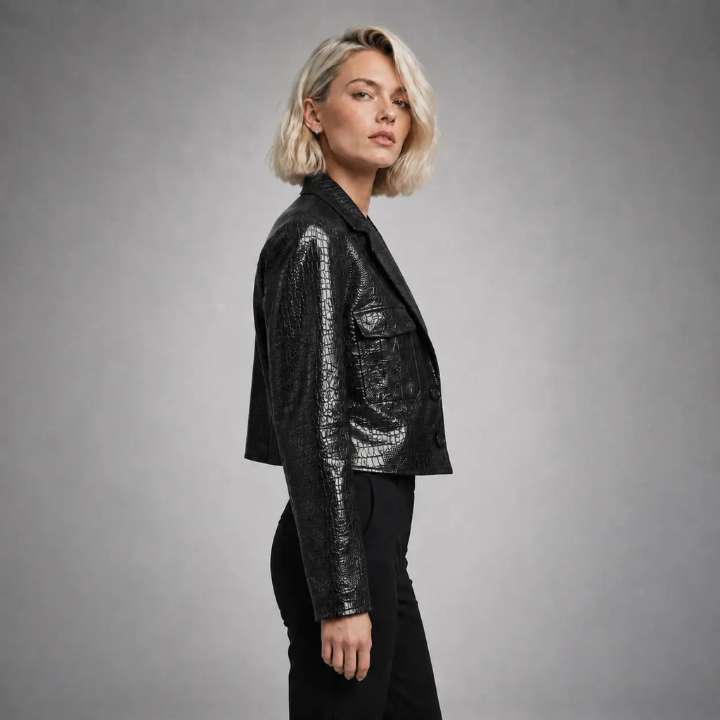 The Vivienne Croc-Embossed Blazer in Black — side