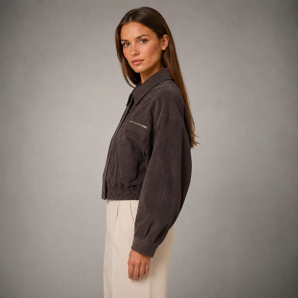 The Elara Cropped Suede Jacket in Plum Brown — side