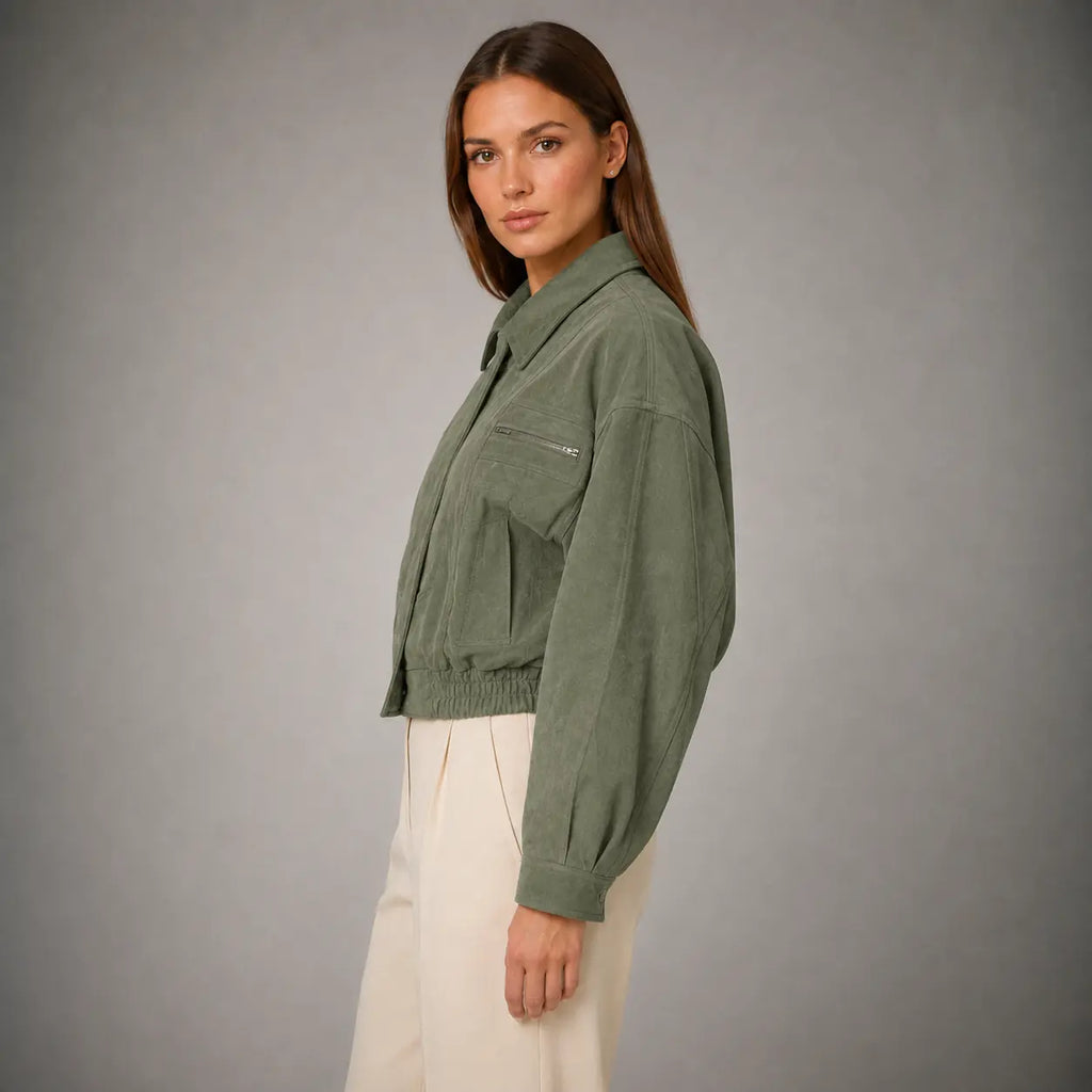 The Elara Cropped Suede Jacket in Muted Olive — side