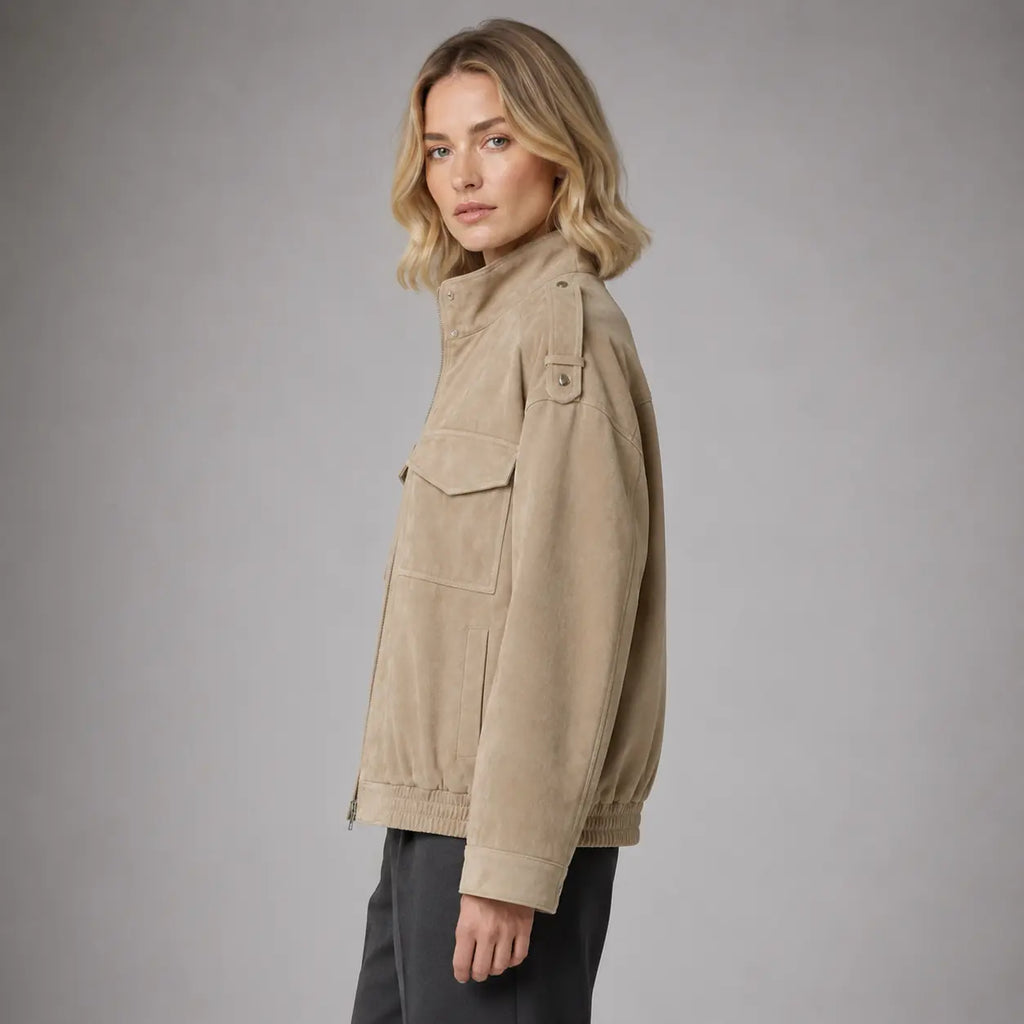 The Hadley Oversized Suede Utility Jacket in Beige — side