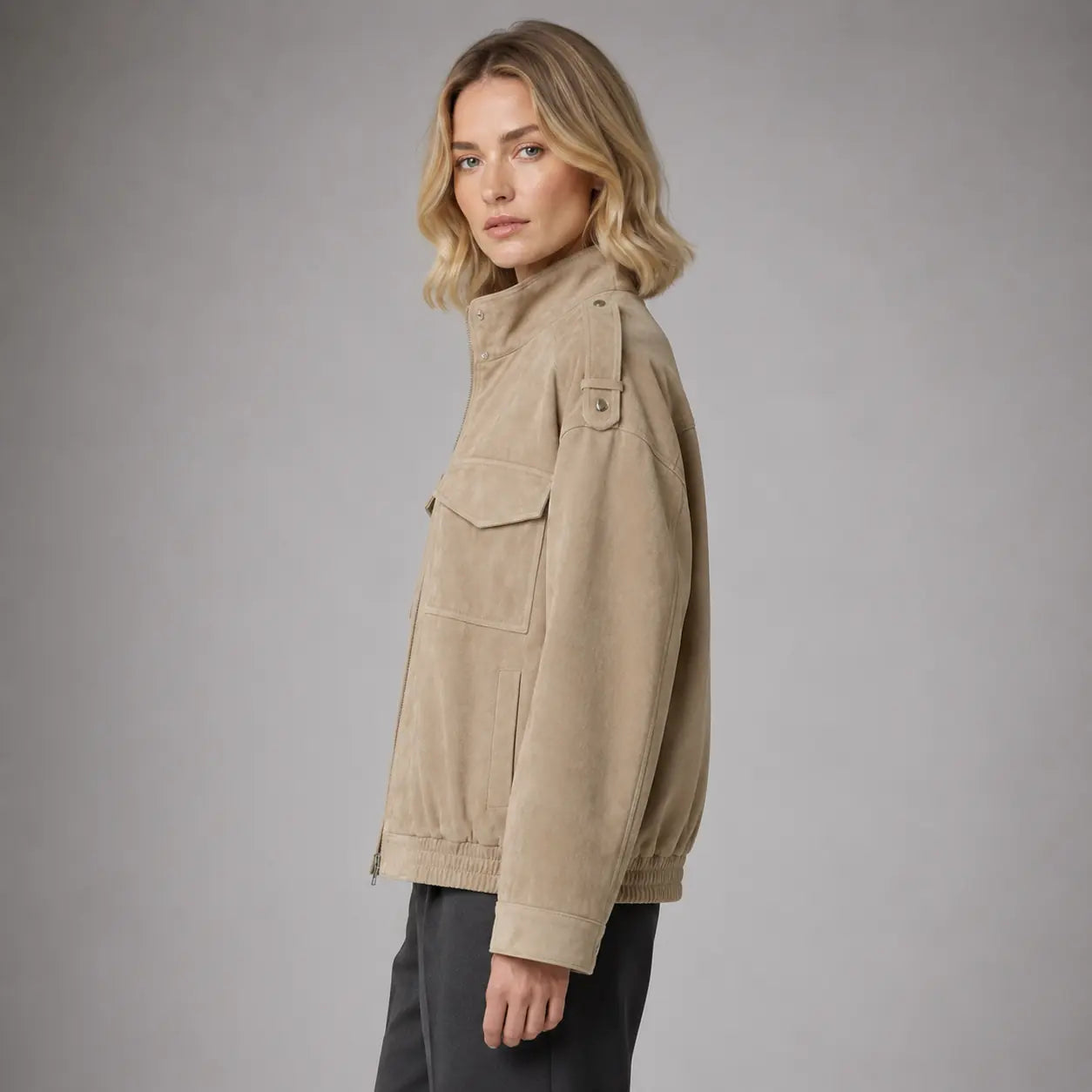 The Hadley Oversized Suede Utility Jacket in Beige — side