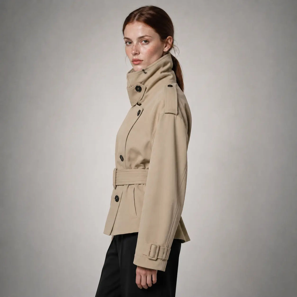 The Rowan Belted High-Neck Jacket in Light Warm Khaki — side