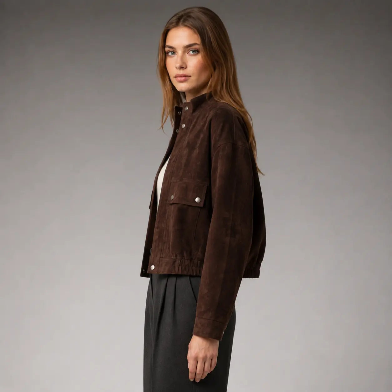 The Bexley Cropped Suede Utility Jacket in Dark Brown — side
