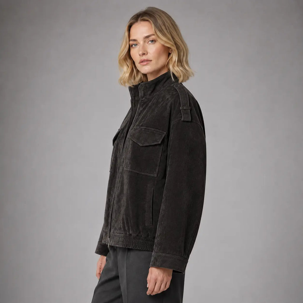 The Hadley Oversized Suede Utility Jacket in Charcoal — side