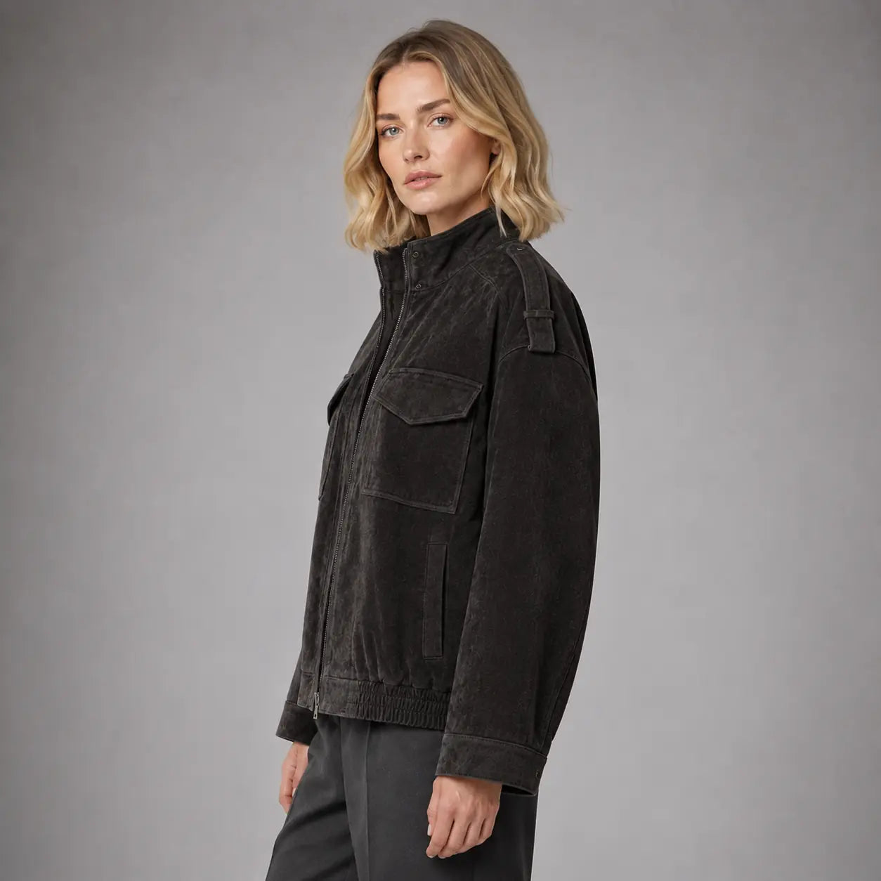 The Hadley Oversized Suede Utility Jacket in Charcoal — side
