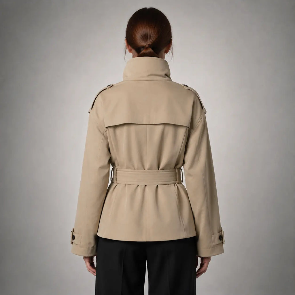 The Rowan Belted High-Neck Jacket in Light Warm Khaki — back
