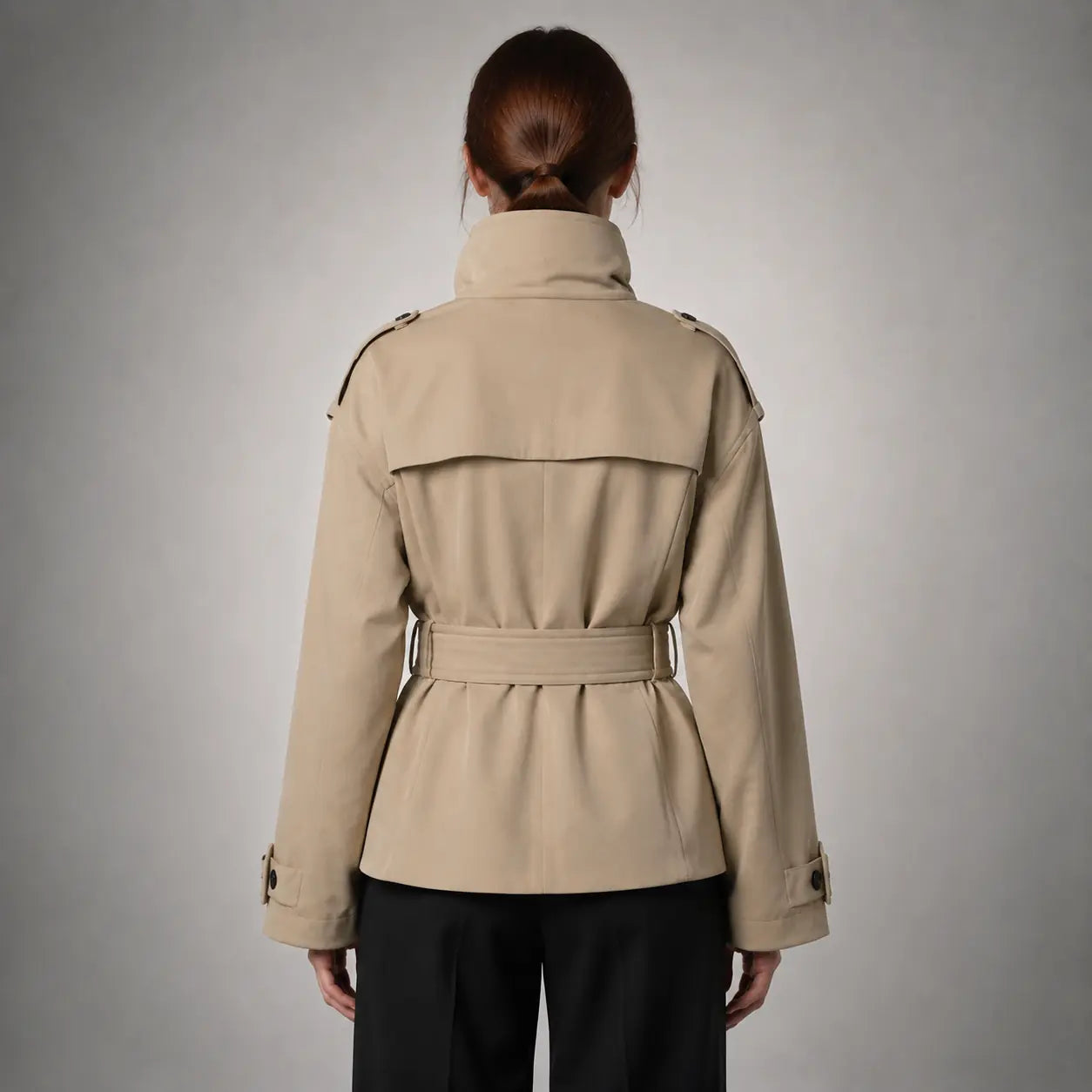The Rowan Belted High-Neck Jacket in Light Warm Khaki — back