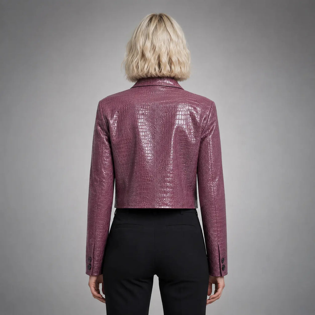 The Vivienne Croc-Embossed Blazer in Plum — back