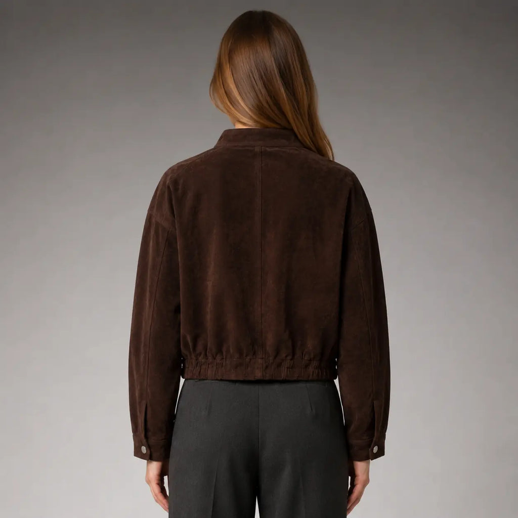 The Bexley Cropped Suede Utility Jacket in Dark Brown — back