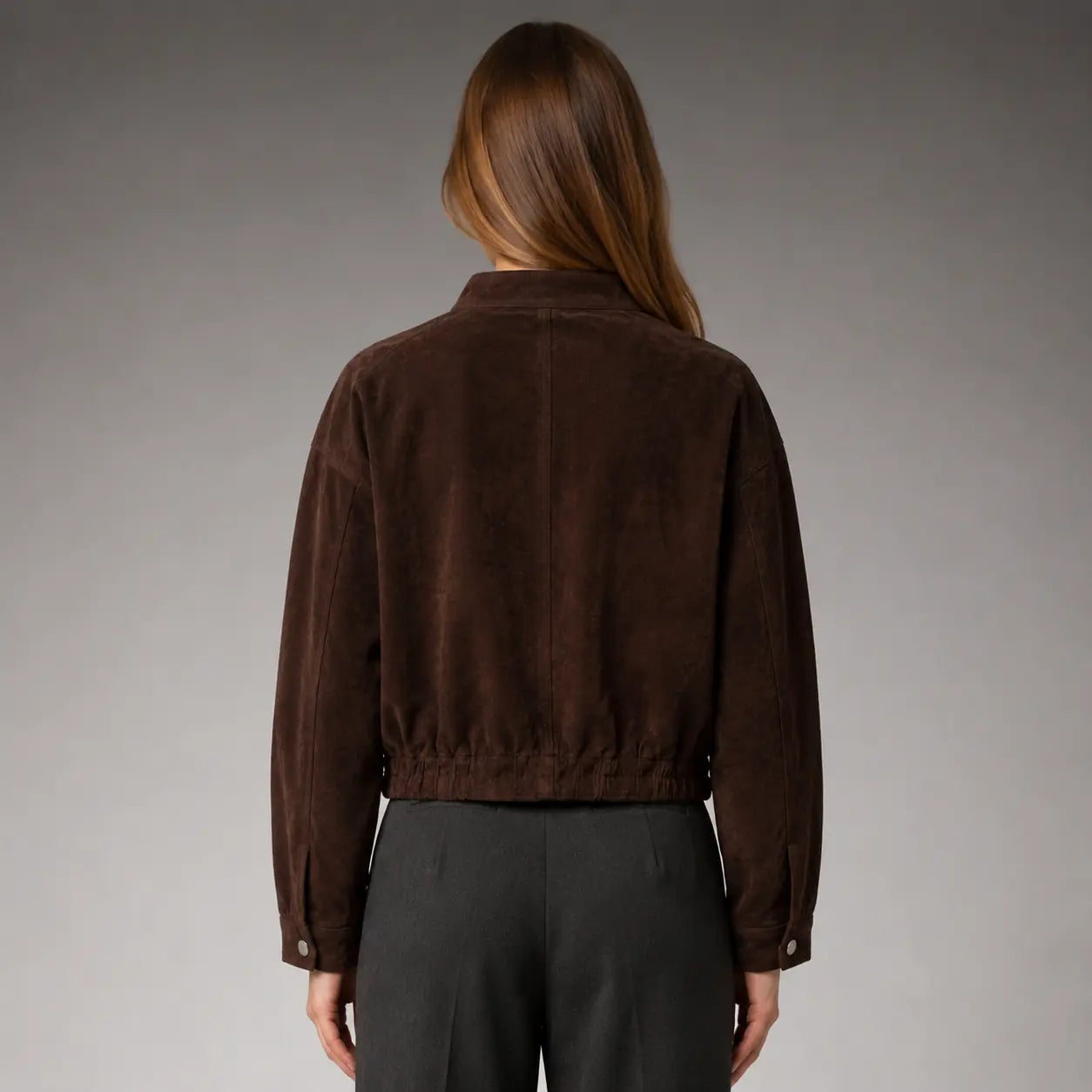 The Bexley Cropped Suede Utility Jacket in Dark Brown — back
