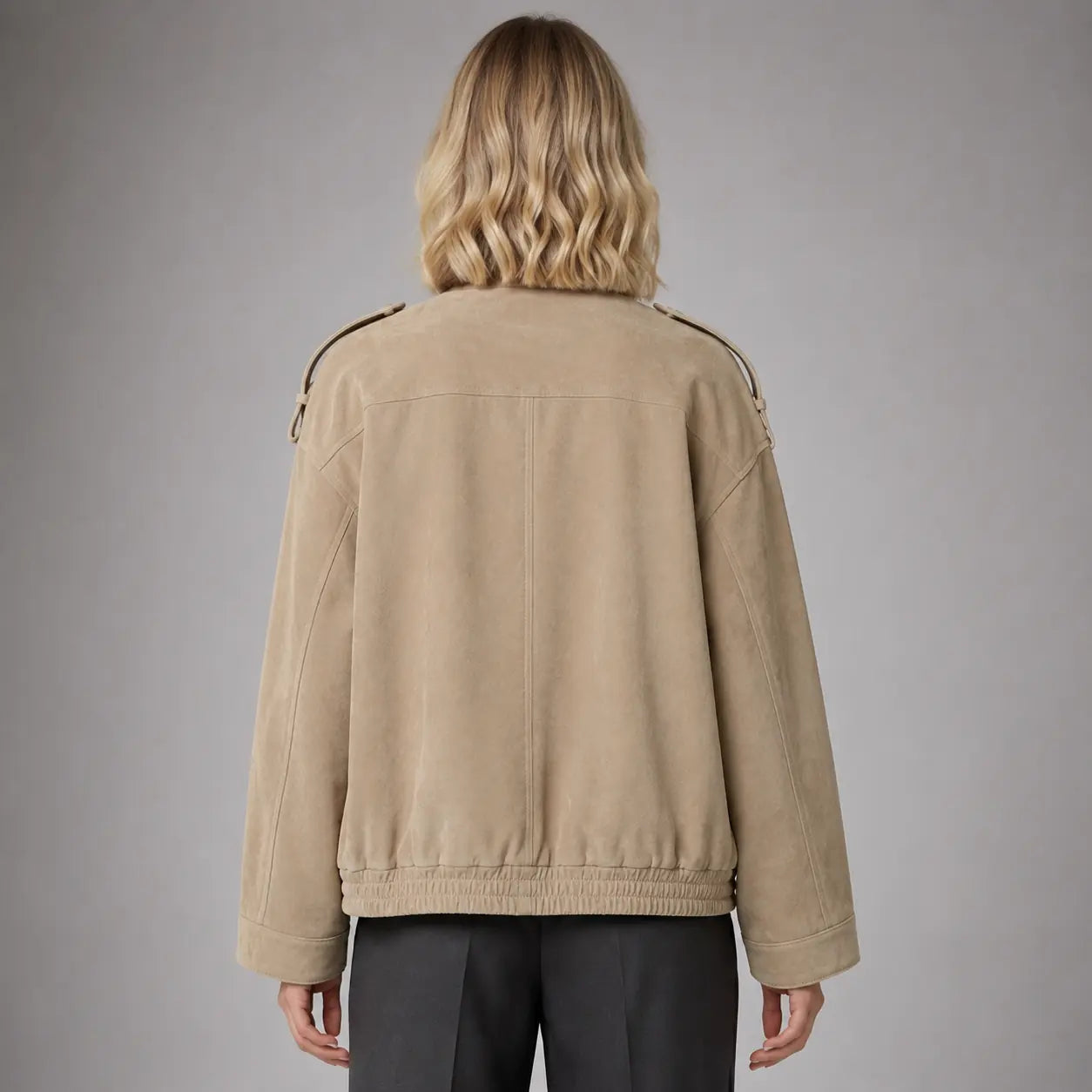 The Hadley Oversized Suede Utility Jacket in Beige — back