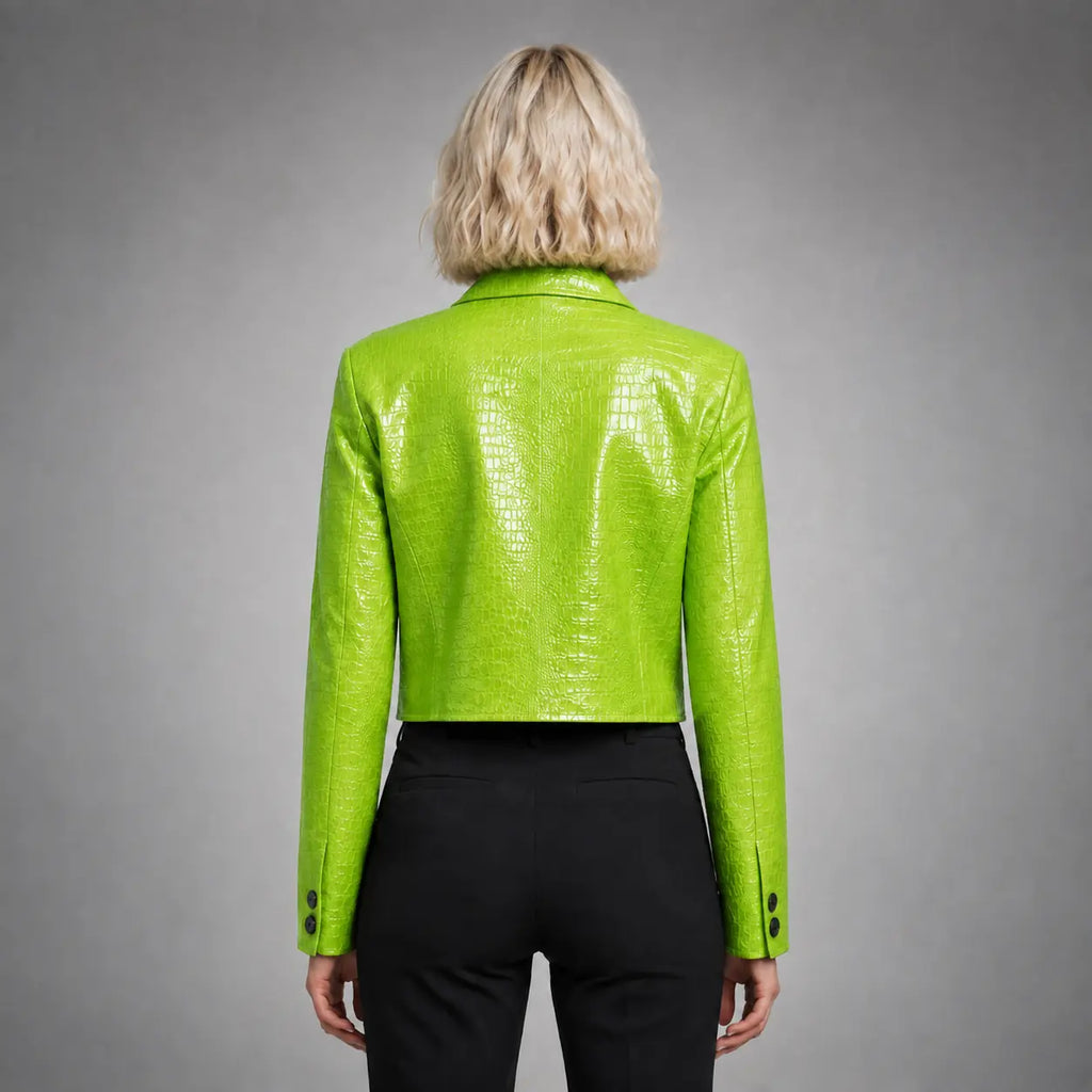 The Vivienne Croc-Embossed Blazer in Lime Green — back