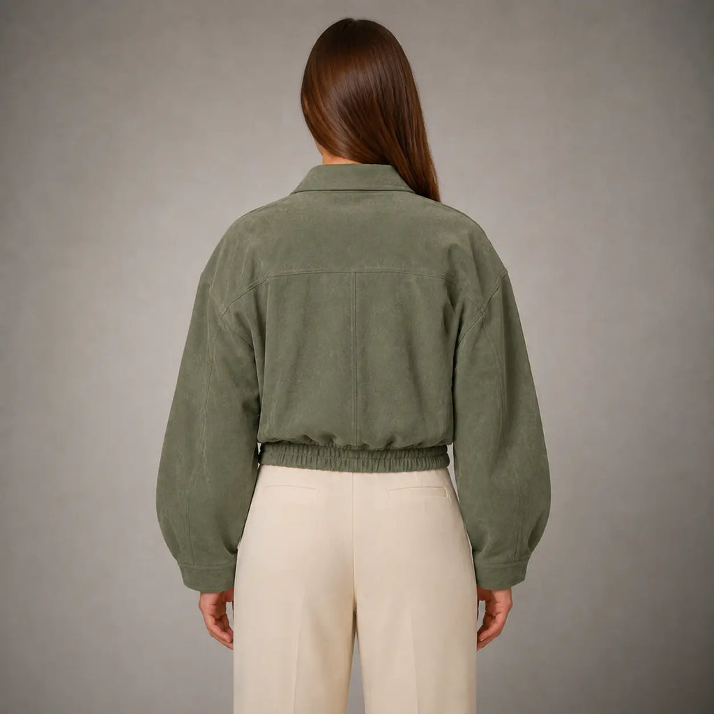 The Elara Cropped Suede Jacket in Muted Olive — back