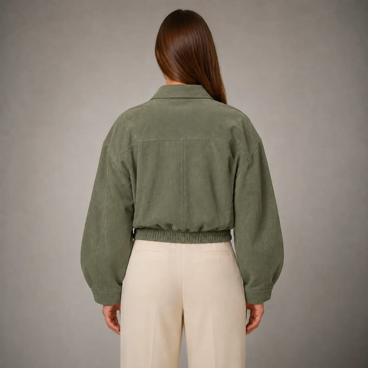 The Elara Cropped Suede Jacket in Muted Olive — back