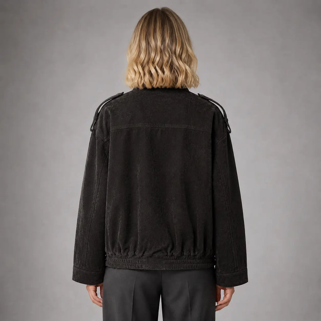 The Hadley Oversized Suede Utility Jacket in Charcoal — back