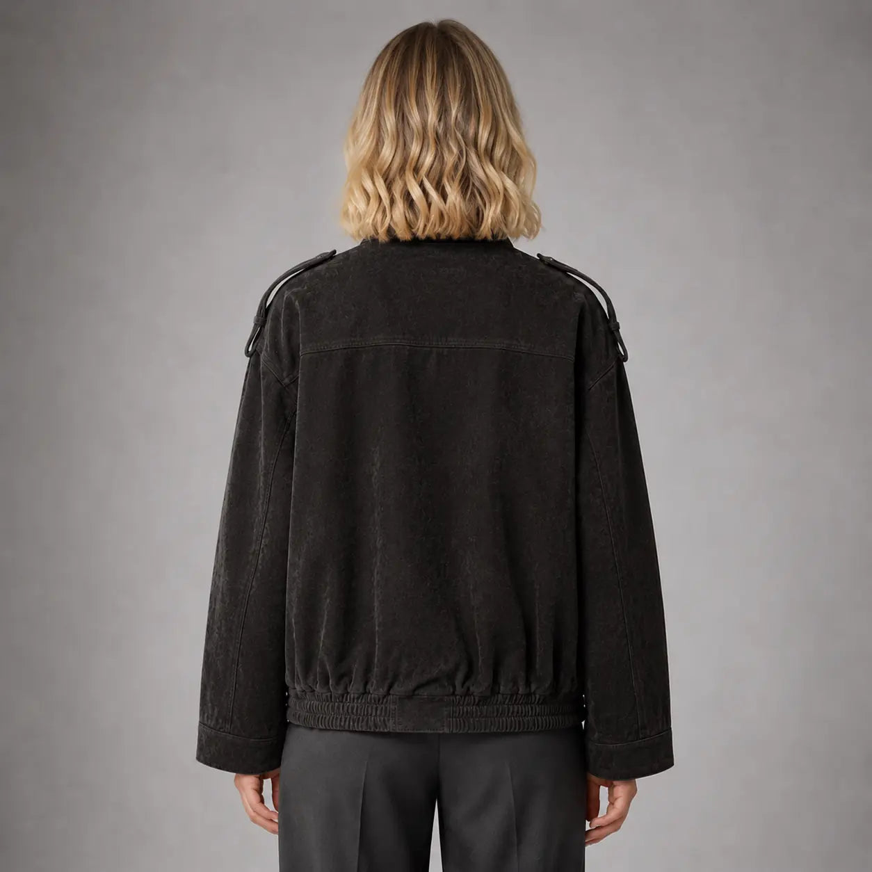 The Hadley Oversized Suede Utility Jacket in Charcoal — back