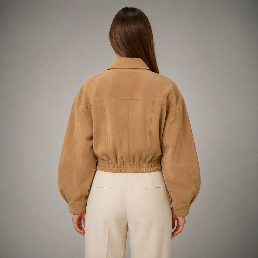 The Elara Cropped Suede Jacket in Camel — back