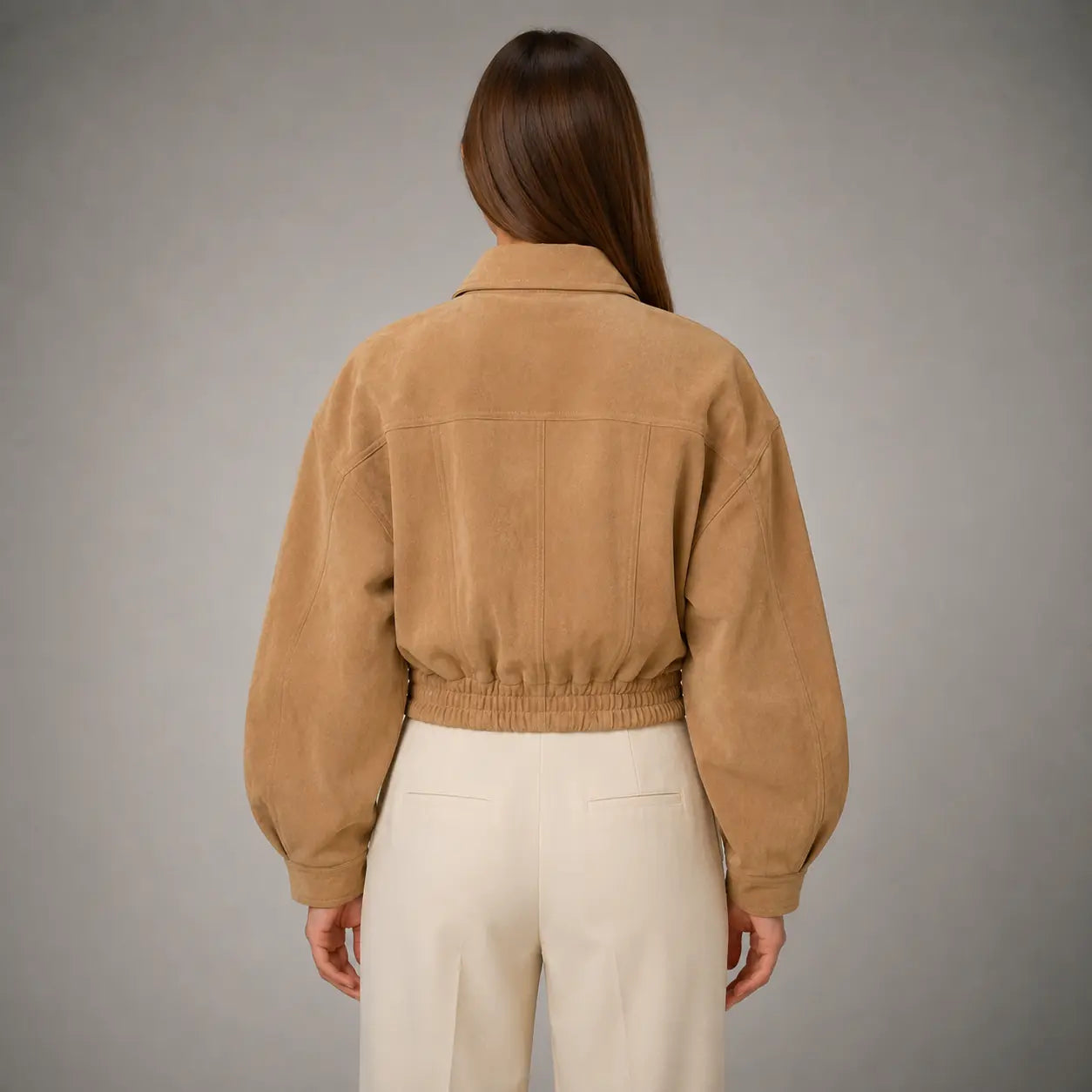 The Elara Cropped Suede Jacket in Camel — back
