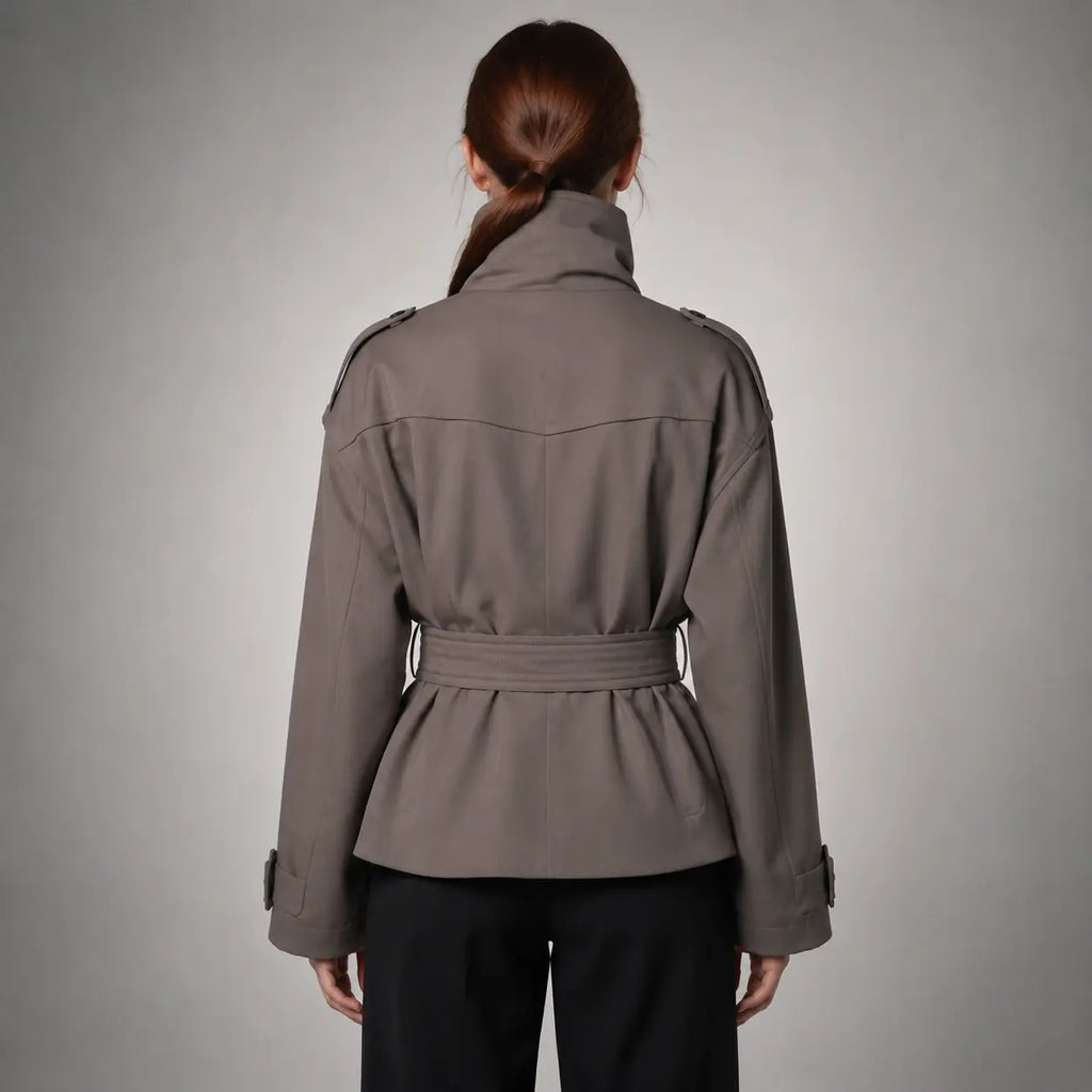 The Rowan Belted High-Neck Jacket in Brown Grey — back