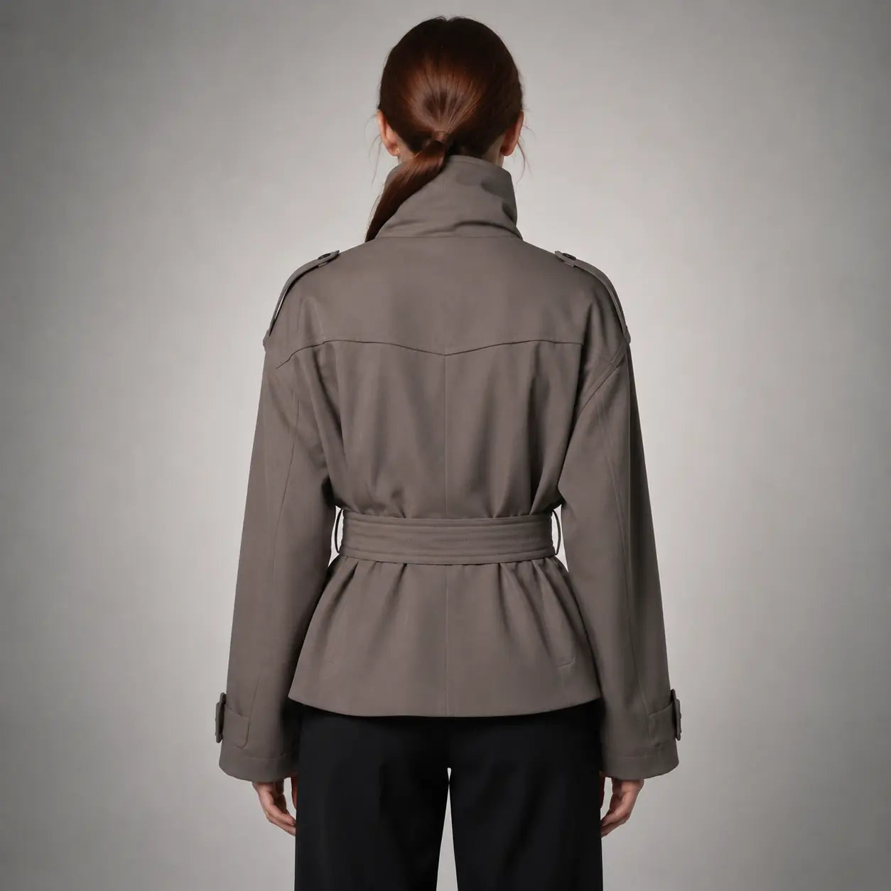 The Rowan Belted High-Neck Jacket in Brown Grey — back