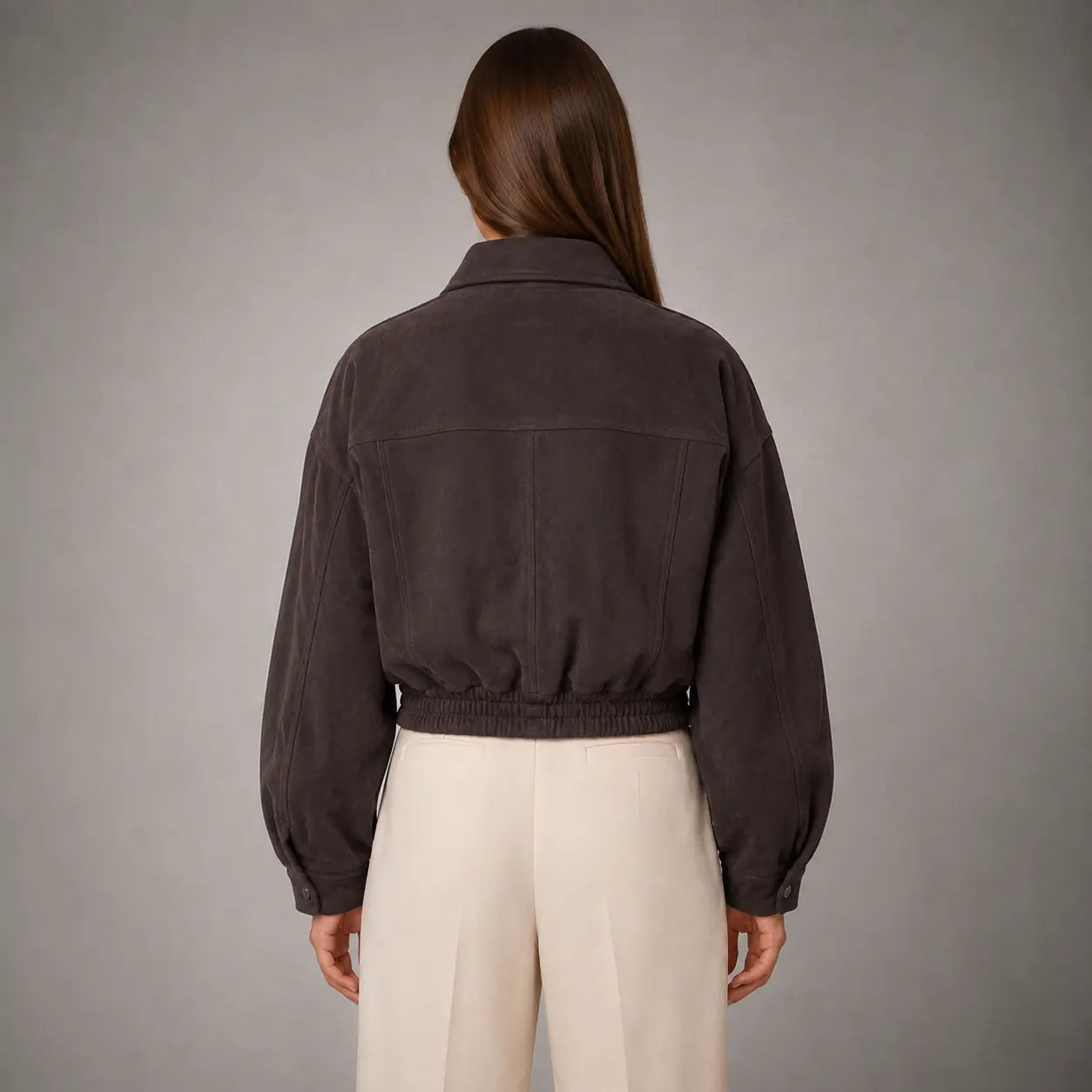 The Elara Cropped Suede Jacket in Plum Brown — back
