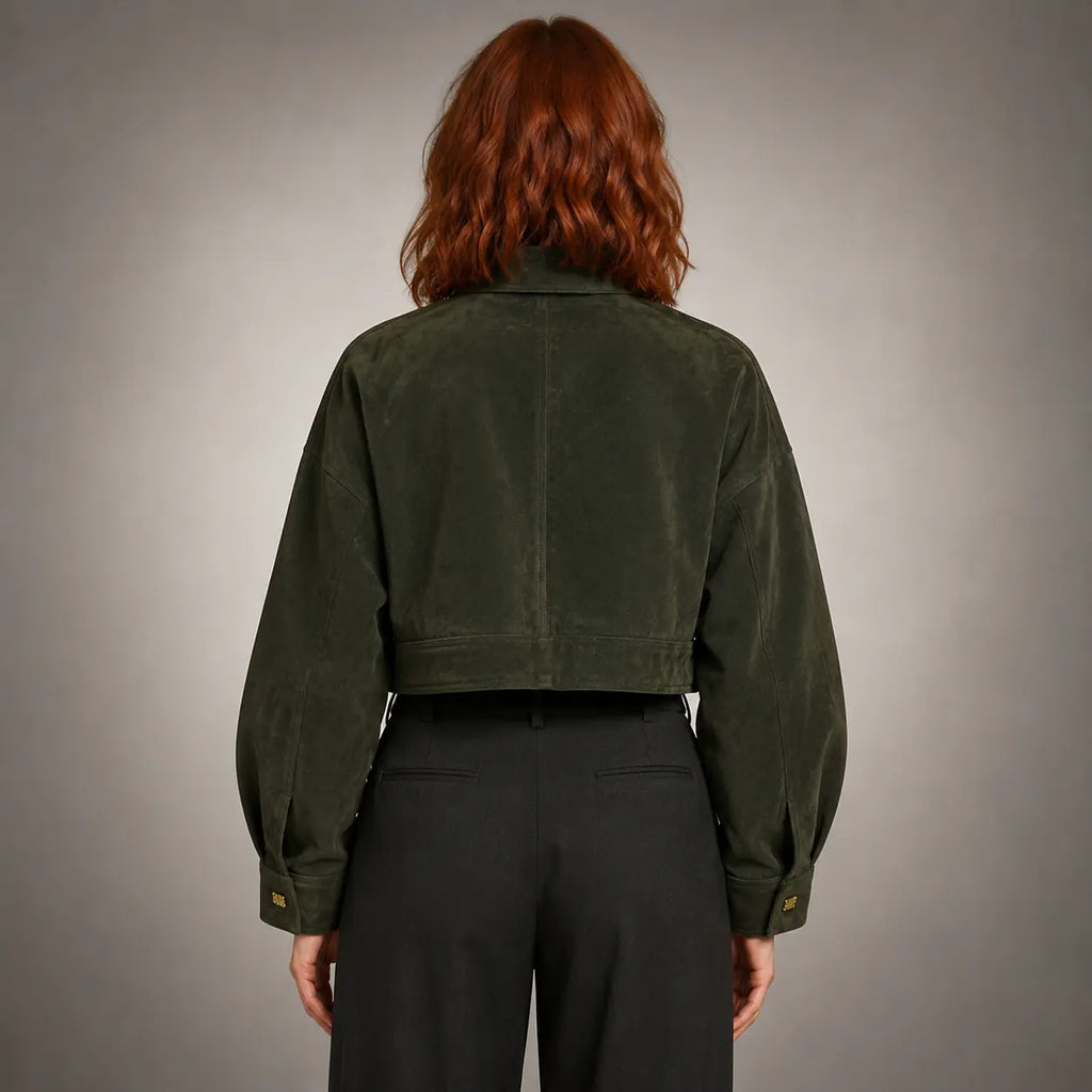 The Arden Asymmetric Suede Jacket in Forest Green — back