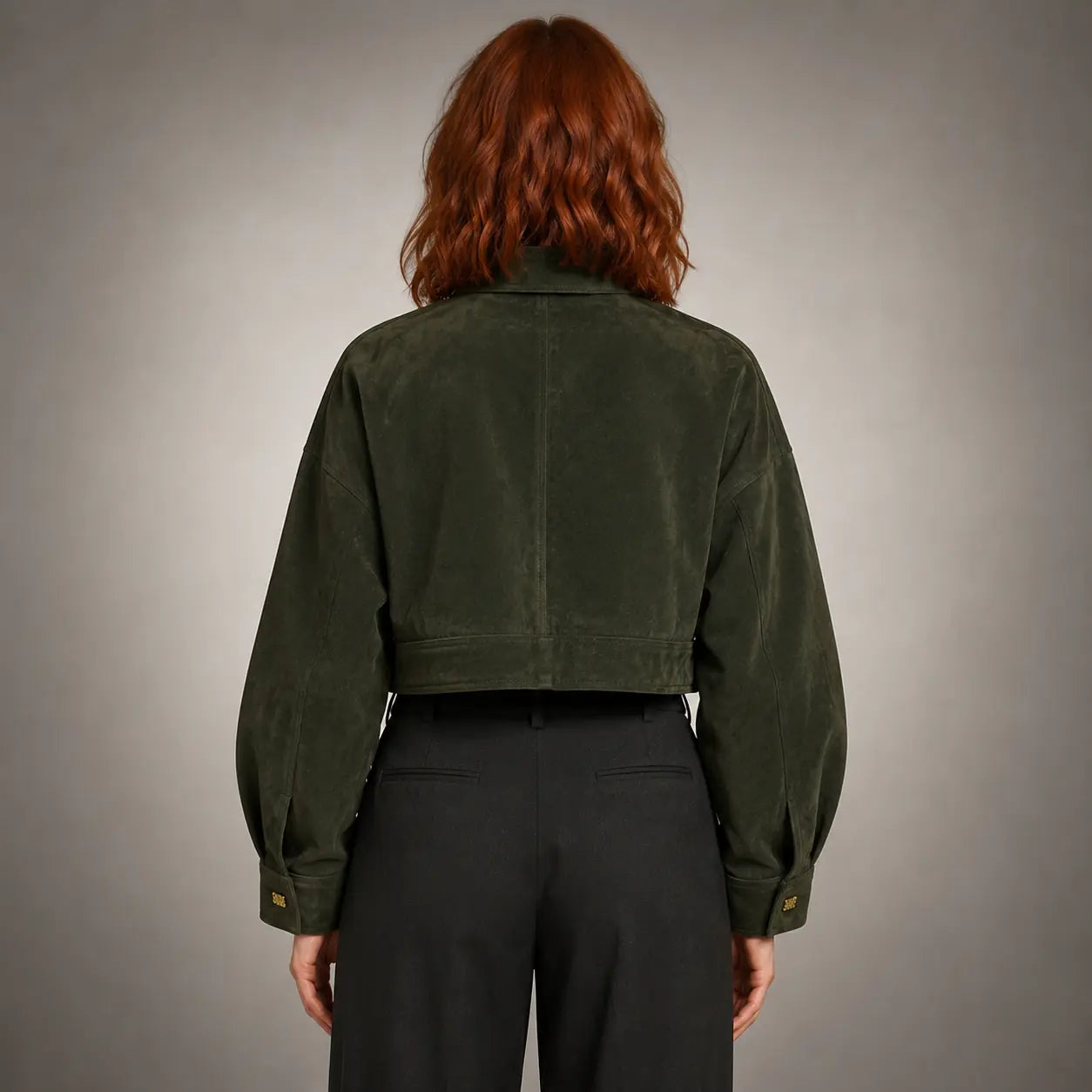 The Arden Asymmetric Suede Jacket in Forest Green — back