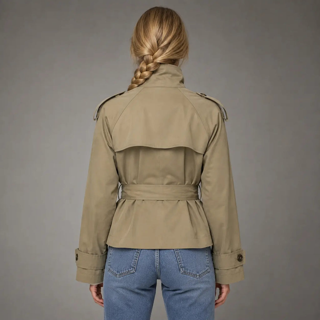 The Marlow Cropped Trench Jacket in Khaki — back