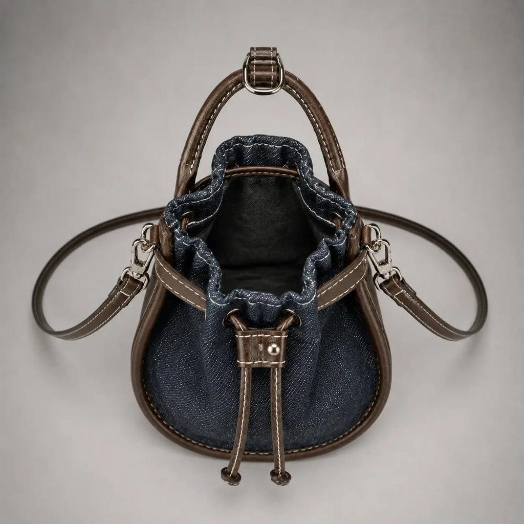 The Elowen Denim-Leather Mini Bucket Bag — Dark Indigo — open interior