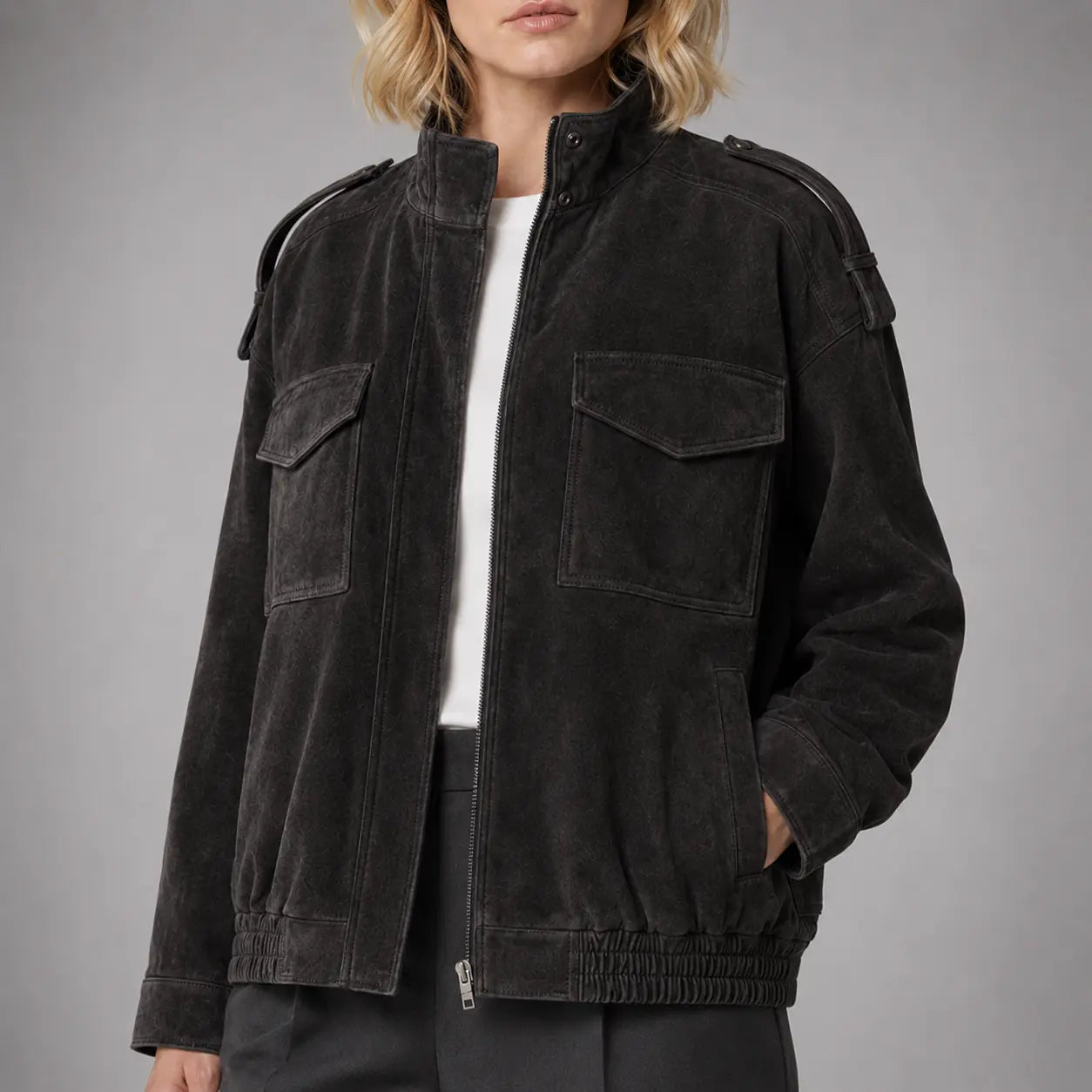 The Hadley Oversized Suede Utility Jacket in Charcoal — detail