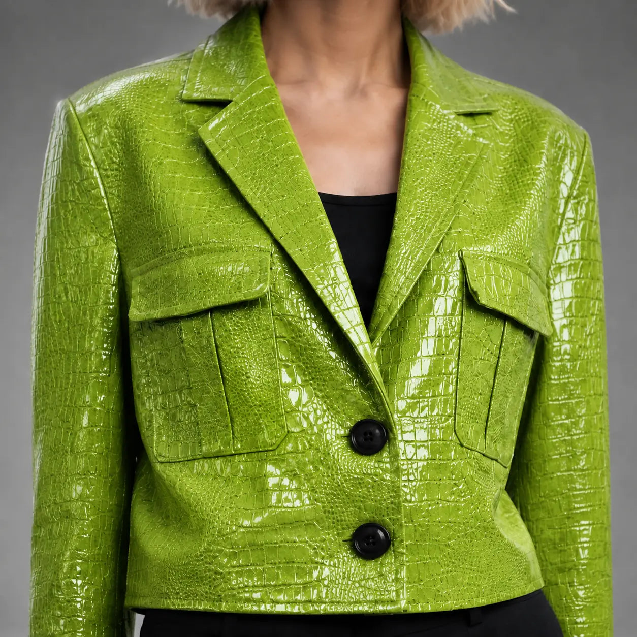 The Vivienne Croc-Embossed Blazer in Lime Green — detail