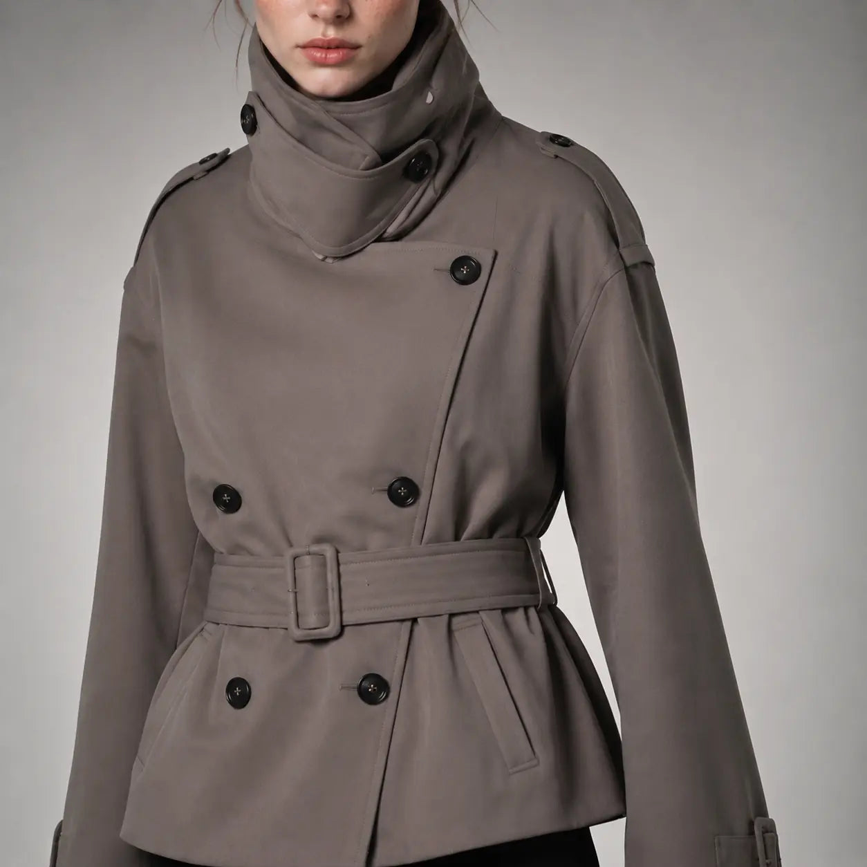 The Rowan Belted High-Neck Jacket in Brown Grey — detail