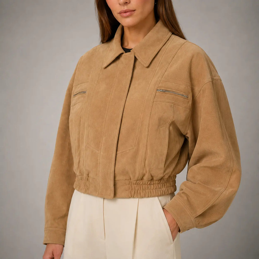 The Elara Cropped Suede Jacket in Camel — detail