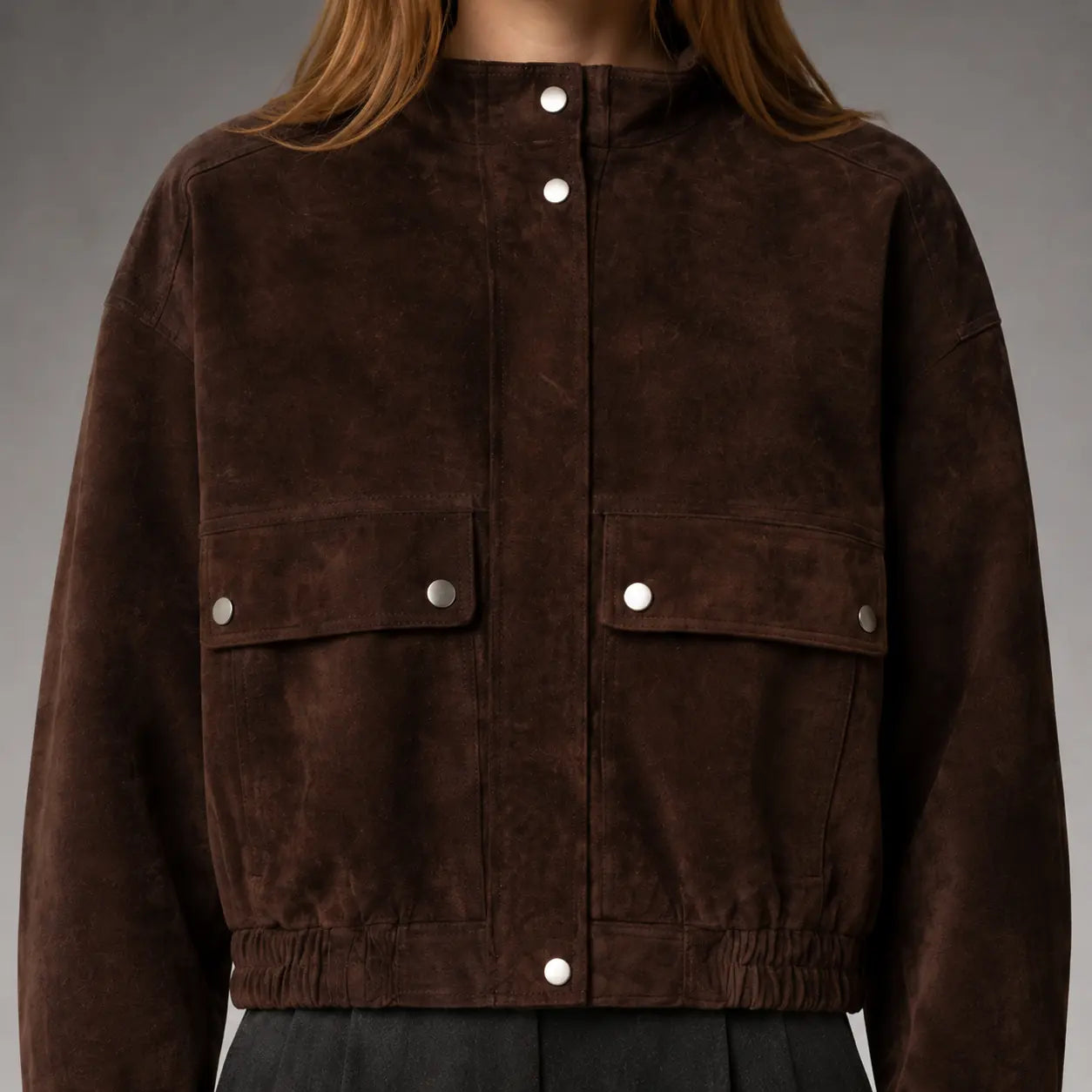 The Bexley Cropped Suede Utility Jacket in Dark Brown — detail