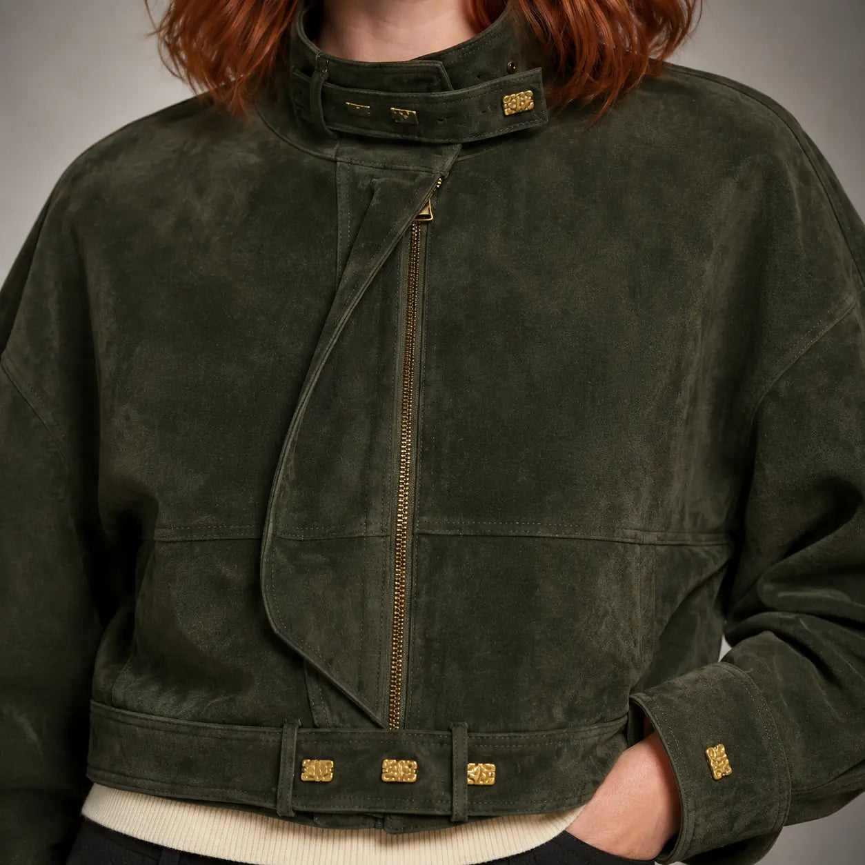 The Arden Asymmetric Suede Jacket in Forest Green — detail