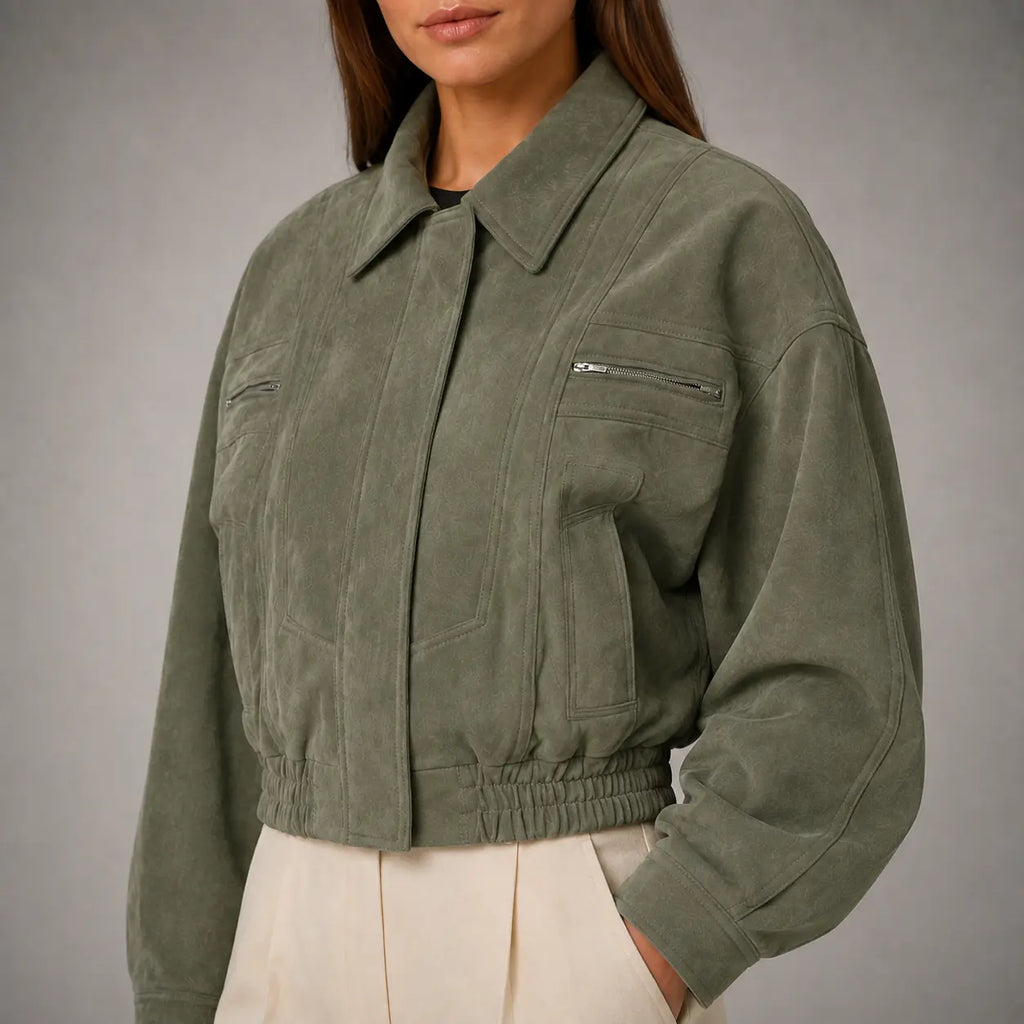 The Elara Cropped Suede Jacket in Muted Olive — detail