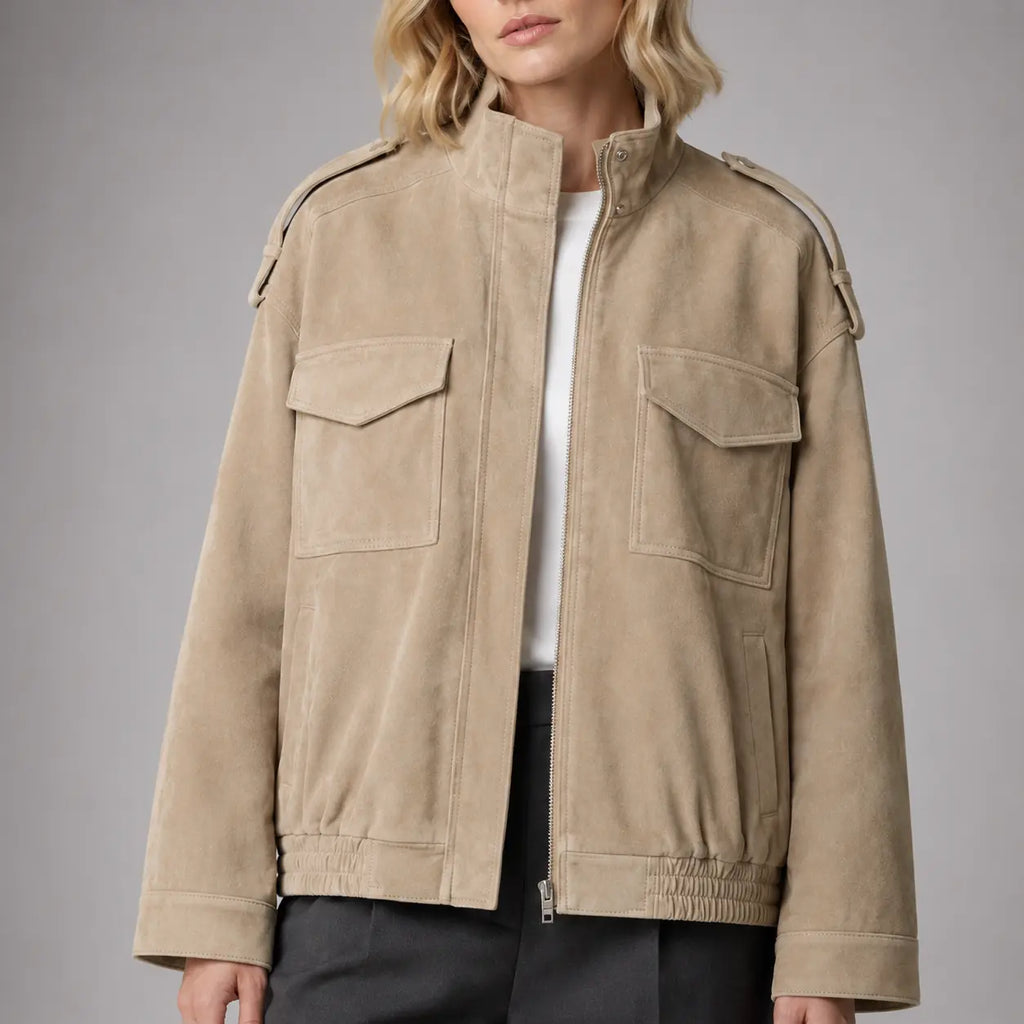 The Hadley Oversized Suede Utility Jacket in Beige — detail