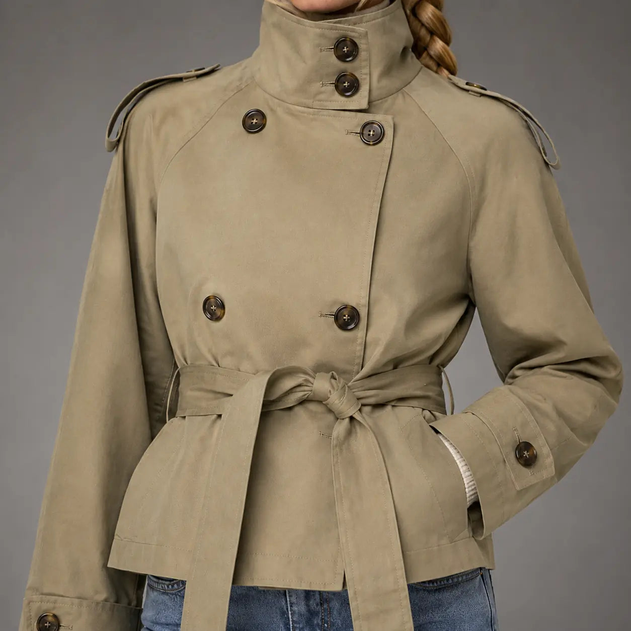 The Marlow Cropped Trench Jacket in Khaki — detail