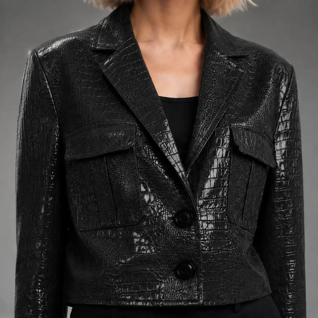 The Vivienne Croc-Embossed Blazer in Black — detail