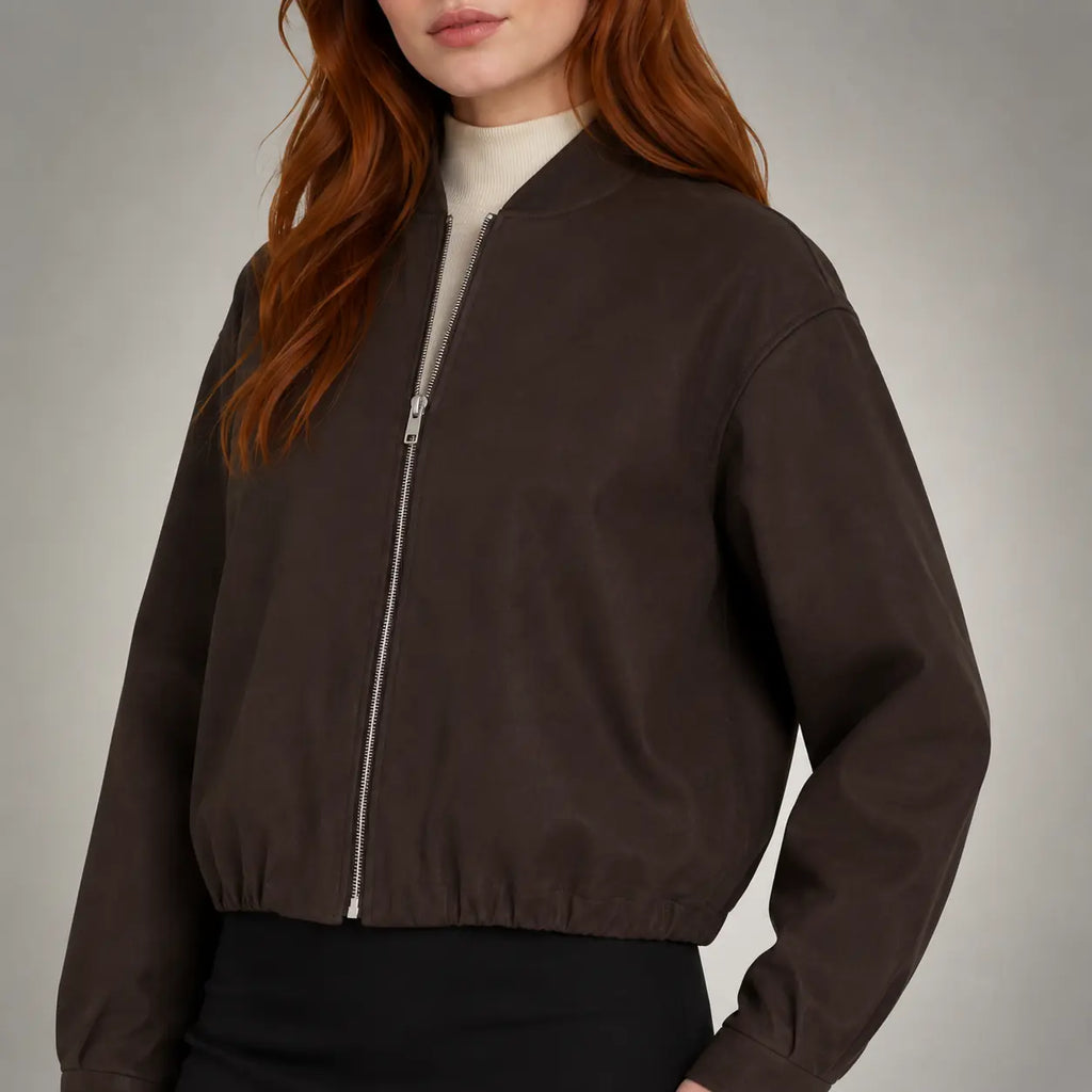 The Sloane Minimal Bomber in Espresso Brown — detail