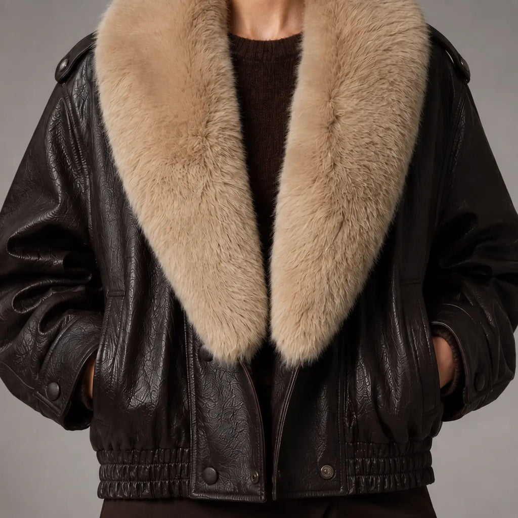 The Wren Faux-Fur Aviator in Espresso Brown — detail