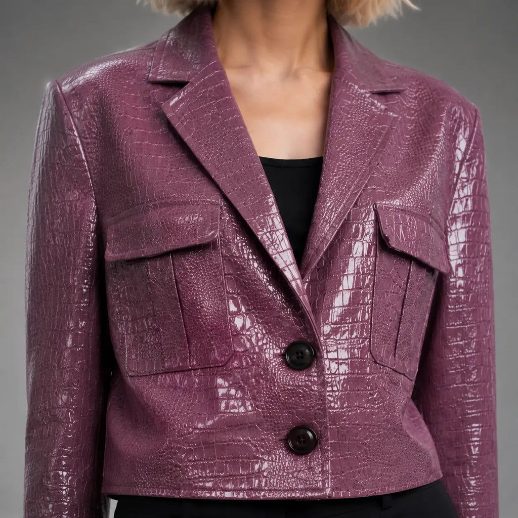 The Vivienne Croc-Embossed Blazer in Plum — detail