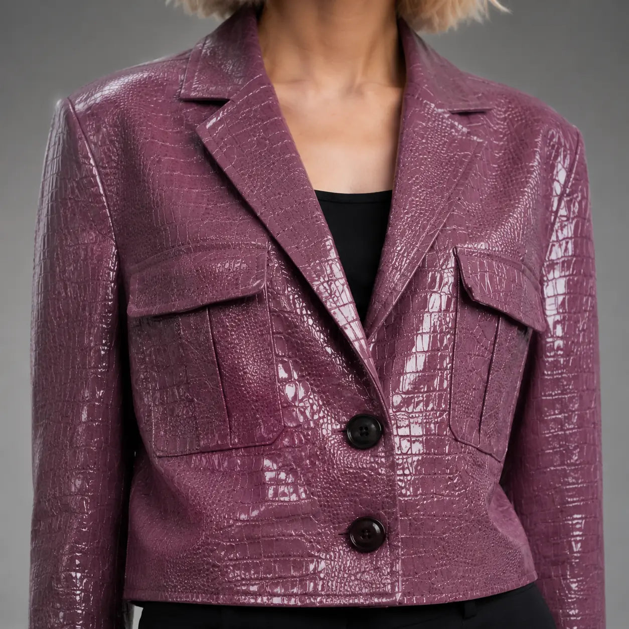 The Vivienne Croc-Embossed Blazer in Plum — detail