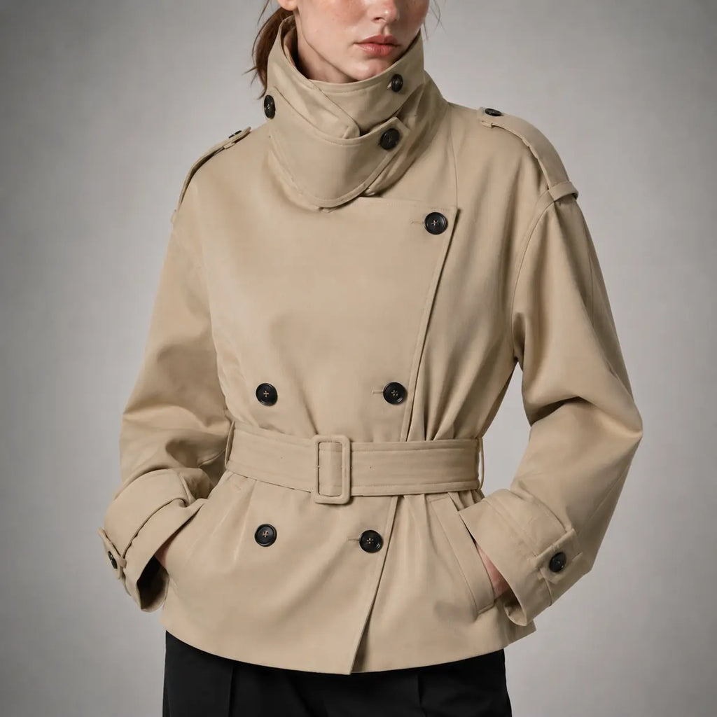The Rowan Belted High-Neck Jacket in Light Warm Khaki — detail
