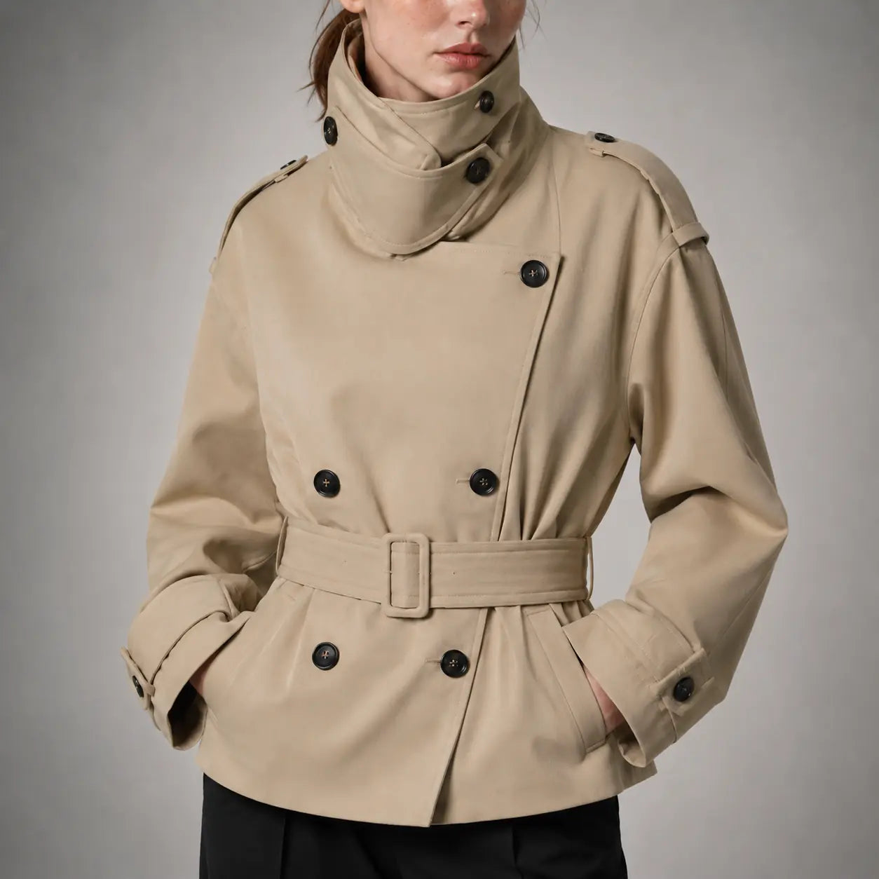 The Rowan Belted High-Neck Jacket in Light Warm Khaki — detail