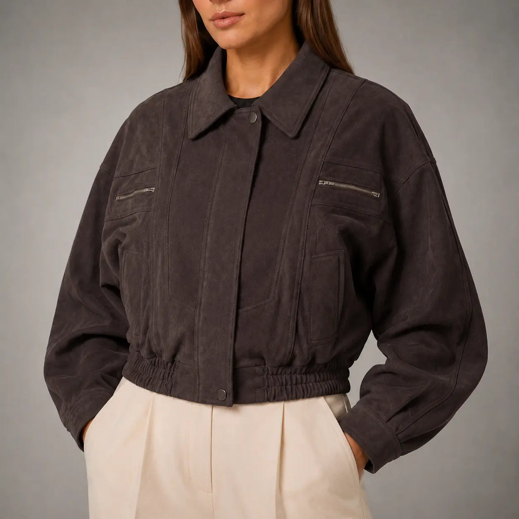 The Elara Cropped Suede Jacket in Plum Brown — detail