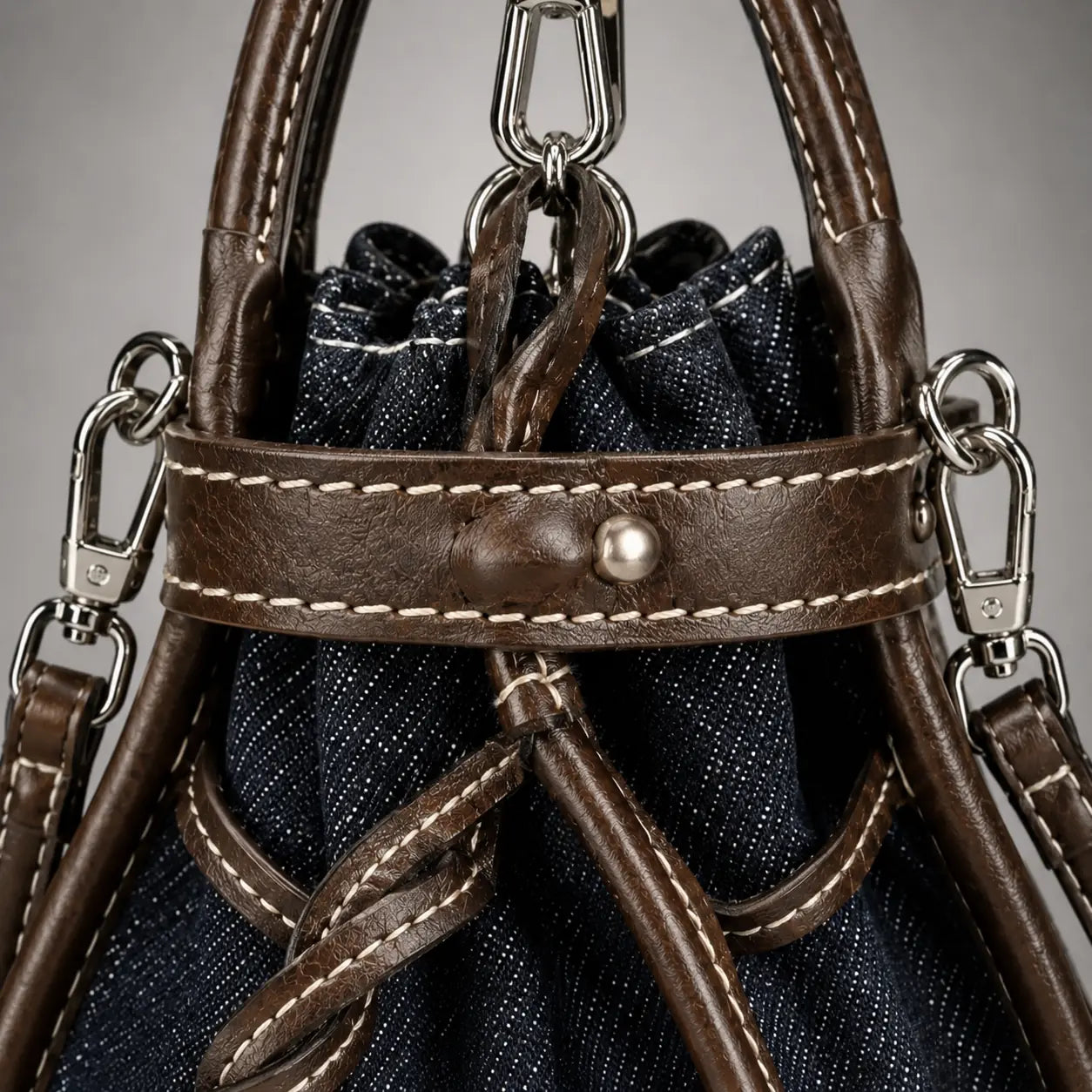 The Elowen Denim-Leather Mini Bucket Bag — Dark Indigo — leather trim and hardware detail